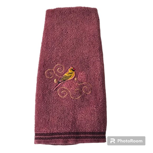 Vintage Oriole Bird Tea Towel Embroidered Hand Kitchen Bath Yellow Burgundy - Picture 2 of 14